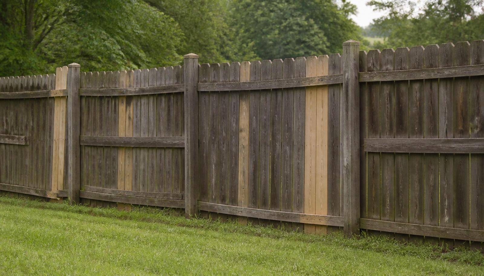 Weathered wood fence showing repair and replacement signs in Paris, TX